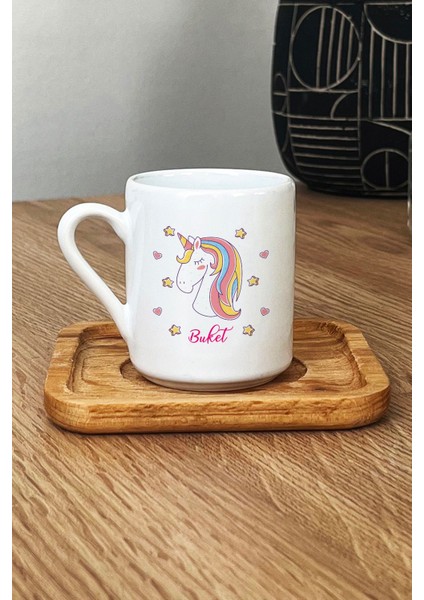 Kişiye Özel Unicorn Türk Kahvesi Fincanı Ahşap Altlıklı Kız Çocuğa Doğum Günü Hediyesi