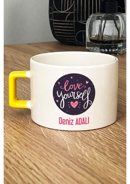 Kişiye Özel Love Your Self Lüks Fincan Sarı Motto Arkadaşa Hediye