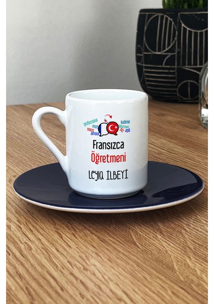 Kişiye Özel Fransızca Öğretmeni -2- Türk Kahvesi Fincanı Lacivert Öğretmenler Günü Hediyesi