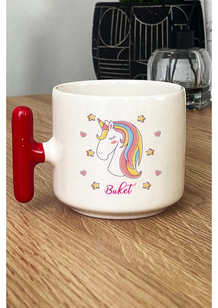 Kişiye Özel Unicorn Kupa Bardak T Kulplu Kırmızı Kız Çocuğa Doğum Günü Hediyesi