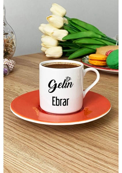 Kişiye Özel Gelin Türk Kahvesi Fincanı Turuncu Nişan Düğün Söz Isteme Hediyesi