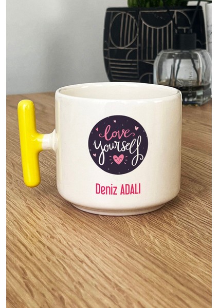 Kişiye Özel Love Your Self Kupa Bardak T Kulplu Sarı Motto Arkadaşa Hediye