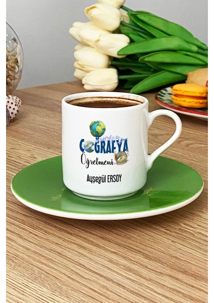 Kişiye Özel Coğrafya Öğretmeni -2- Türk Kahvesi Fincanı Yeşil Öğretmenler Günü Hediyesi