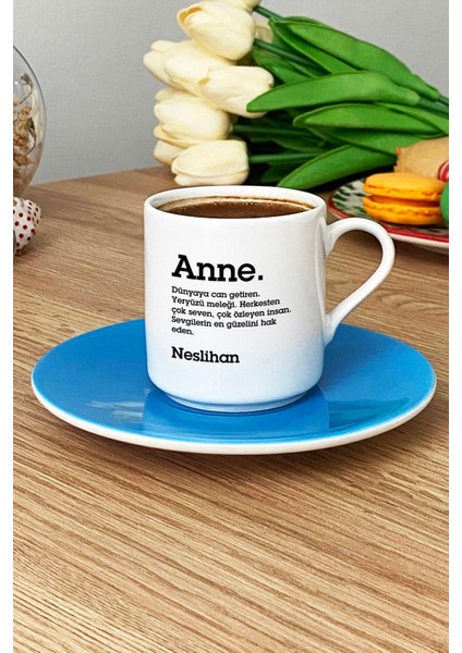 Kişiye Özel Anne Türk Kahvesi Fincanı Mavi Isme Özel Anneler Günü Hediyesi