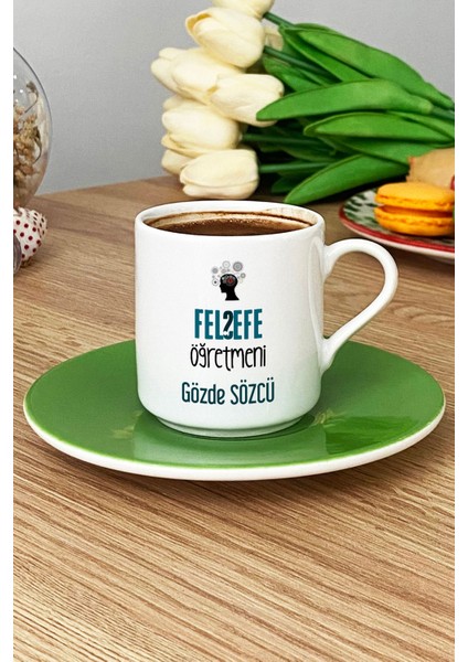 Kişiye Özel Felsefe Öğretmeni -2- Türk Kahvesi Fincanı Yeşil Öğretmenler Günü Hediyesi