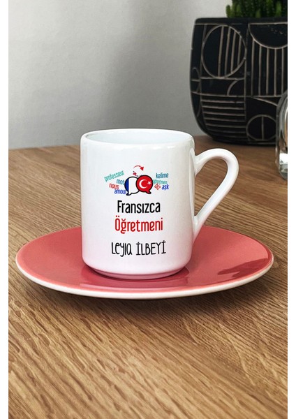 Kişiye Özel Fransızca Öğretmeni -2- Türk Kahvesi Fincanı Pembe Öğretmenler Günü Hediyesi
