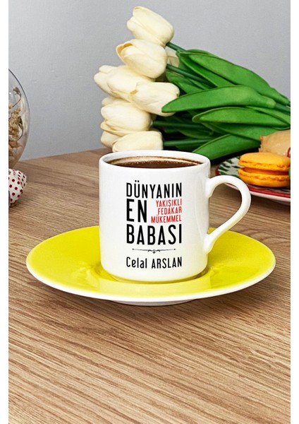 Kişiye Özel Babaya Hediye Türk Kahvesi Fincanı Sarı Babalara Doğum Günü Hediyesi