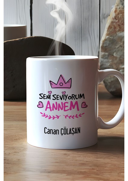 Kişiye Özel Seni Seviyorum Annem Kupa Bardak Beyaz Anneye Doğum Günü Hediyesi modelleri