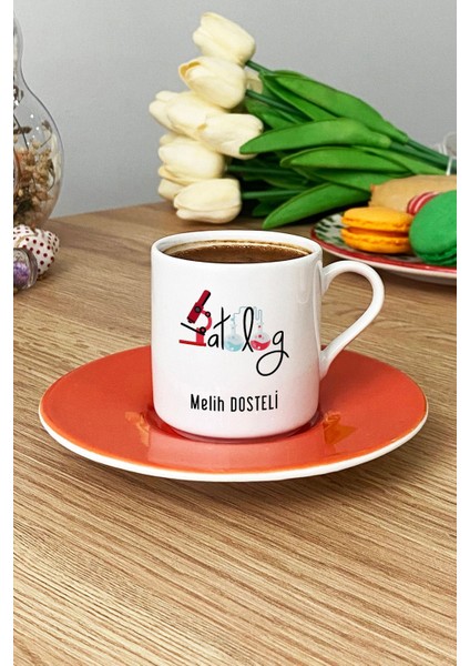 Kişiye Özel Patolog Türk Kahvesi Fincanı Turuncu Isme Özel Tıp Bayramı Hediyeleri