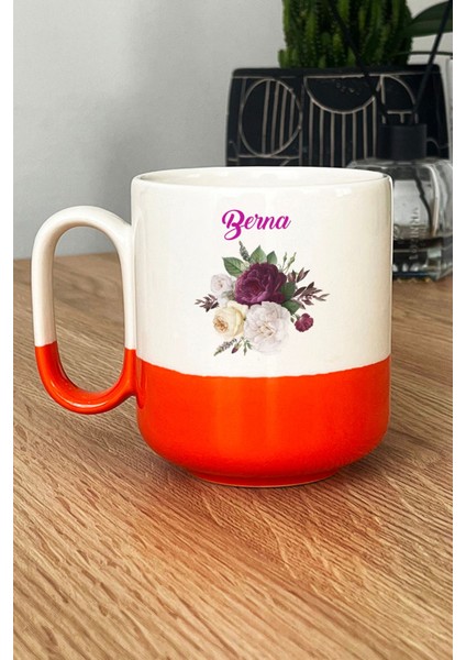 Kişiye Özel Çiçekli Isim Baskılı Pro Kupa Bardak Turuncu Isme Özel Hediye