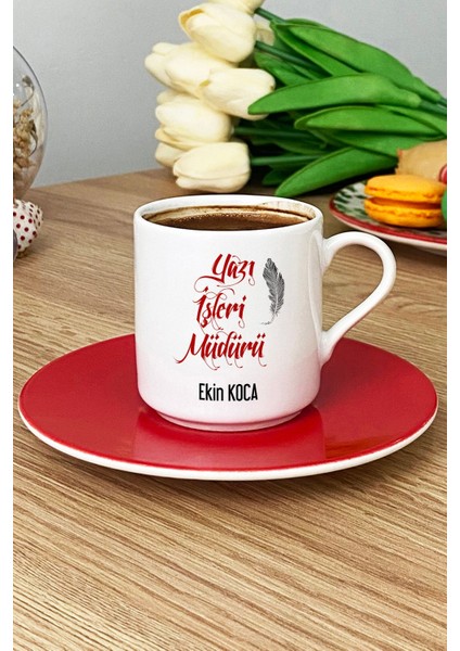 Kişiye Özel Yazı Işleri Müdürü Türk Kahvesi Fincanı Kırmızı modelleri