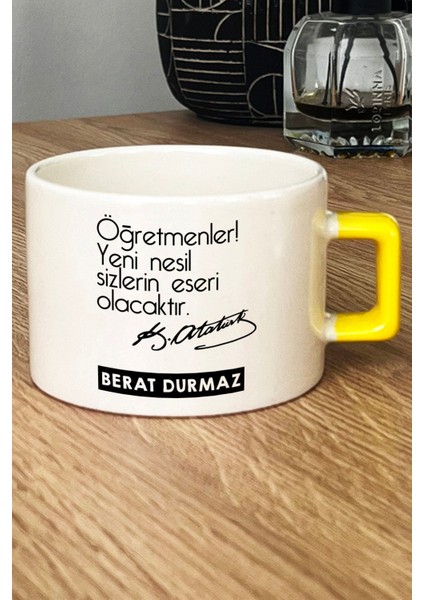 Kişiye Özel Öğretmenler Günü Hediyesi Lüks Fincan Sarı Atatürk Sözlü