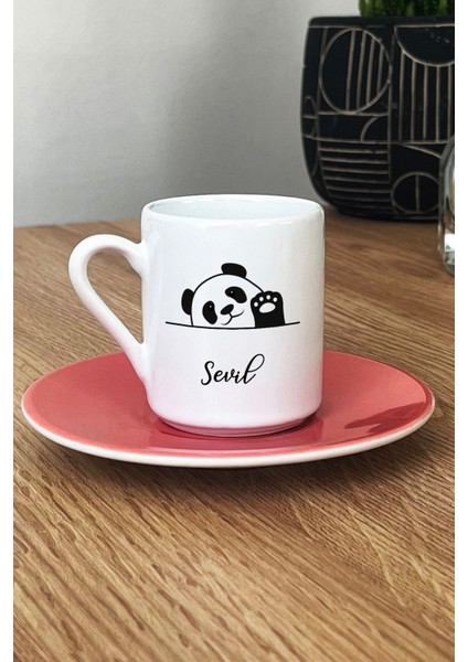 Kişiye Özel Sevimli Panda Türk Kahvesi Fincanı Pembe Pandalı Hediye