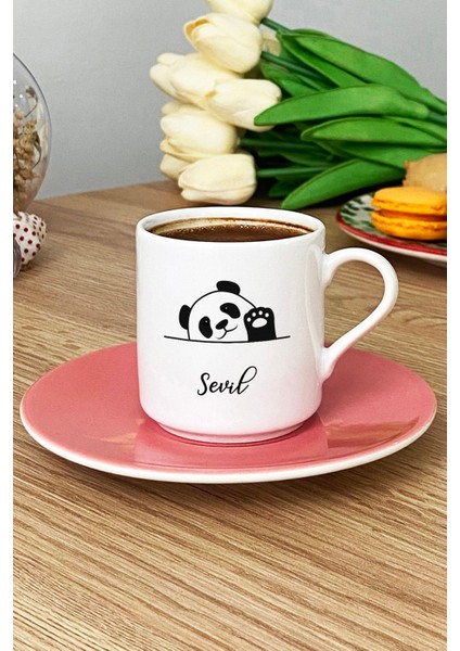 Kişiye Özel Sevimli Panda Türk Kahvesi Fincanı Pembe Pandalı Hediye