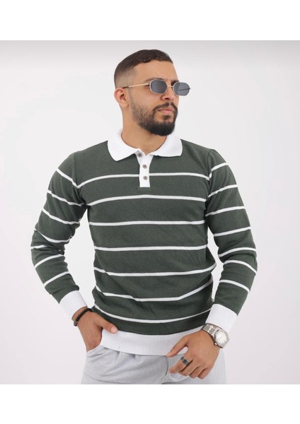 Polo Yaka Düğmeli Çizgili Triko Kazak (Manken: Boy 185 Kilo 83)