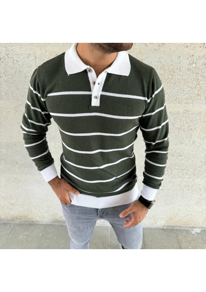 Polo Yaka Düğmeli Çizgili Triko Kazak (Manken: Boy 185 Kilo 83)