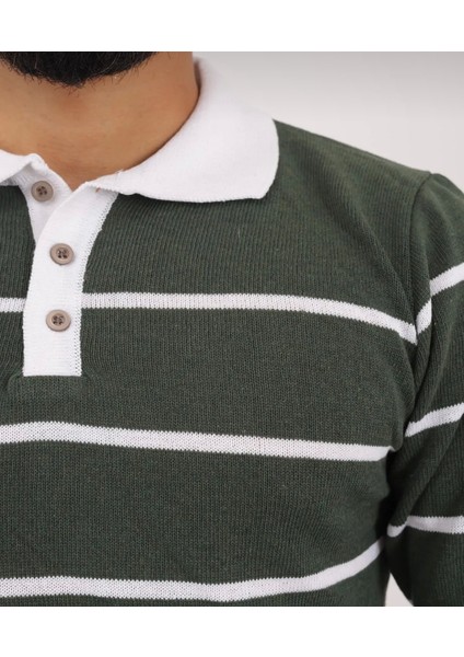Polo Yaka Düğmeli Çizgili Triko Kazak (Manken: Boy 185 Kilo 83)