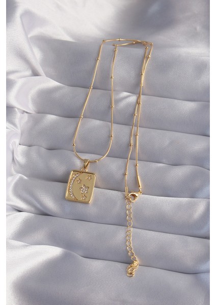 316L Çelik Zincir Gold Renk Zirkon Taşlı Ay Yıldız Figürlü Tarot Kolye - TJ-BKO9021