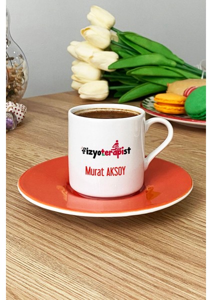 Kişiye Özel Fizyoterapist Türk Kahvesi Fincanı Turuncu Isme Özel Tıp Bayramı Hediyeleri