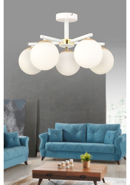 Lamela Beyaz Glob Camlı 5'li Modern Beyaz Plafonyer Avize Salon Oturma Odası