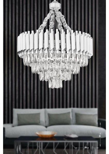 Palmira 55'lik Prizma Kesim Kristal Taşlı Lüks Avize - (Gümüş-Yaldız)