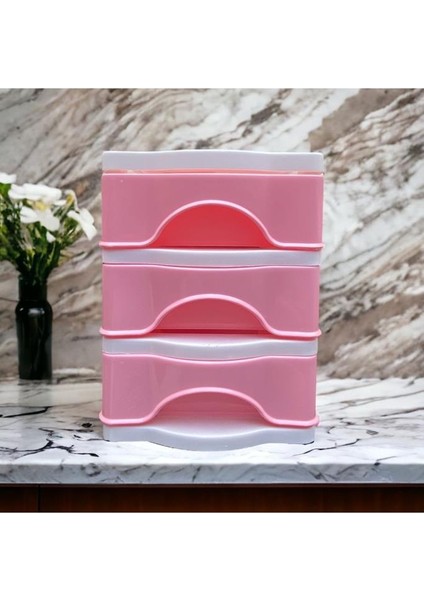 3 Çekmeceli Masa Üstü Çekmece Sert Plastik / Organizer Fosforlu Seri - Pembe Renk