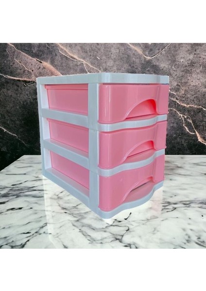 3 Çekmeceli Masa Üstü Çekmece Sert Plastik / Organizer Fosforlu Seri - Pembe Renk