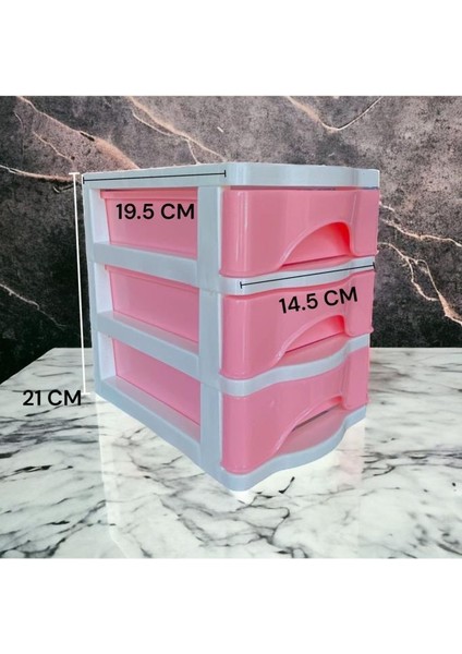 3 Çekmeceli Masa Üstü Çekmece Sert Plastik / Organizer Fosforlu Seri - Pembe Renk