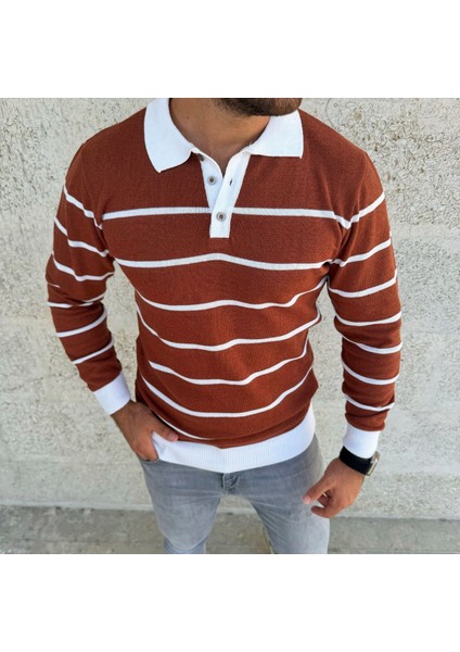 Polo Yaka Düğmeli Çizgili Triko Kazak (Manken: Boy 185 Kilo 83)