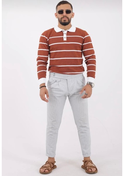 Polo Yaka Düğmeli Çizgili Triko Kazak (Manken: Boy 185 Kilo 83) modelleri