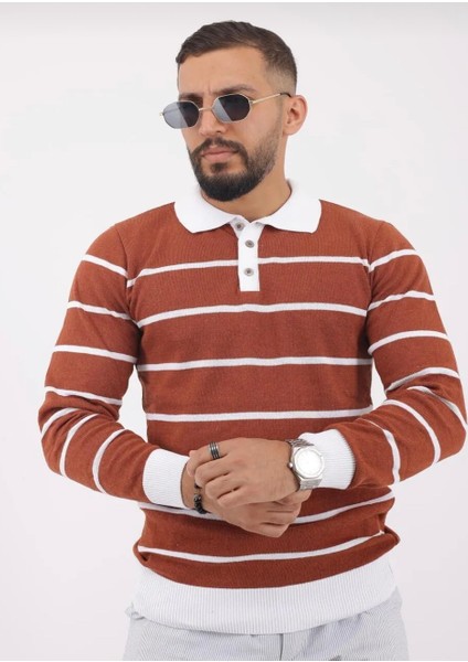Polo Yaka Düğmeli Çizgili Triko Kazak (Manken: Boy 185 Kilo 83) fırsatları