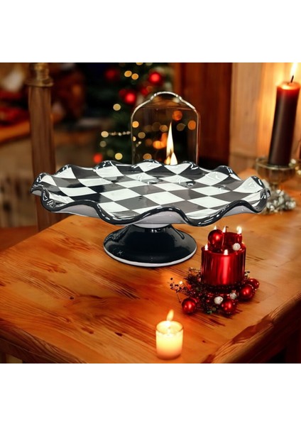 Handmade Çini Fırfırlı Kenar Düz Yuvarlak Servis Tabağı Dama Desen Ayaklı Sunumluk Çini