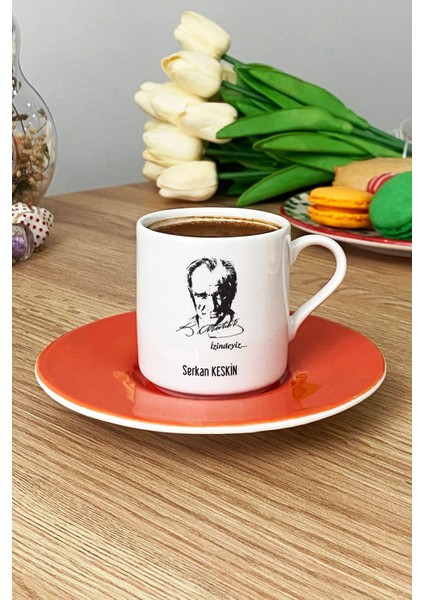 Kişiye Özel Atatürk Silüeti Türk Kahvesi Fincanı Turuncu Öğretmenler Günü Hediyesi