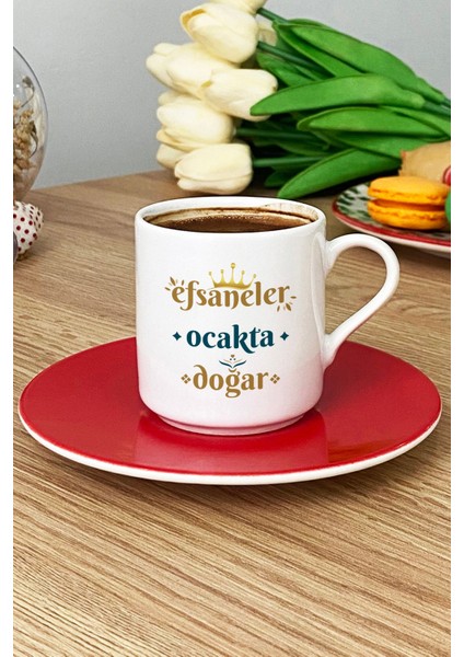 Efsaneler Ocakta Doğar Türk Kahvesi Fincanı Kırmızı Oğlak Burcu Doğum Günü Hediyesi