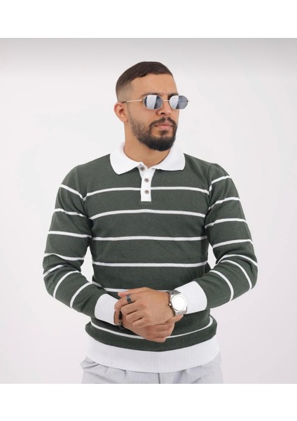 Polo Yaka Düğmeli Çizgili Triko Kazak (Manken: Boy 185 Kilo 83) fiyatları