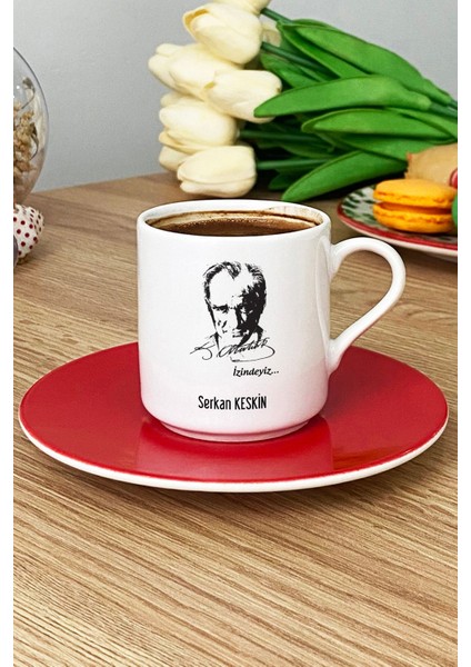 Kişiye Özel Atatürk Silüeti Türk Kahvesi Fincanı Kırmızı Öğretmenler Günü Hediyesi