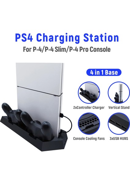 TP4-023B Ps4 Slim Pro Için Ek USB Bağlantı Fanlı Noktalı Dikey Şarj Standı