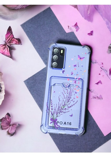 Oppo A16 Kılıf Kartlıklı Renk Baskılı Köşe Koruma Şeffaf G-Kart Kılıf