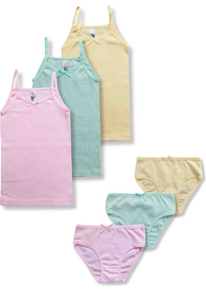 %100 Pamuklu Kız Çocuk İnce Askı Atlet Fanila Slip Külot Iç Çamaşır 3lü Set