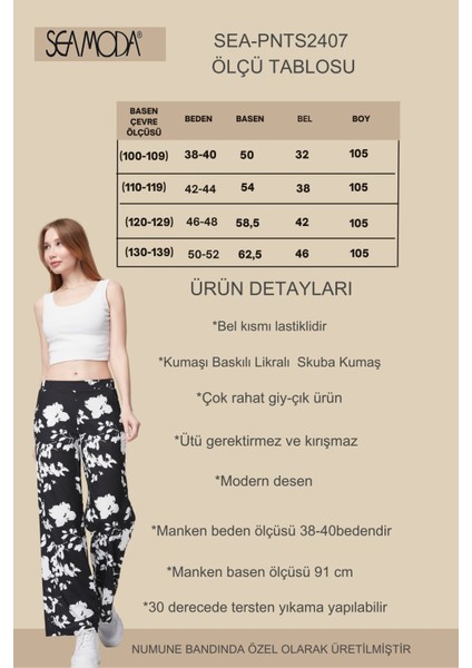 Büyük Beden Çiçek Desenli Beli Lastikli Cepli Bol Paça Rahat Kesim Uzun Boy Pantolon-Siyah modelleri