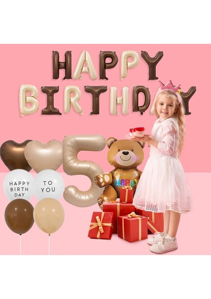 Yaş Folyolu Retro Ayıcık Kahverengi Folyolu Balon Happy Birthday Afiş Dekorasyon Doğum Günü Parti Seti Süsü