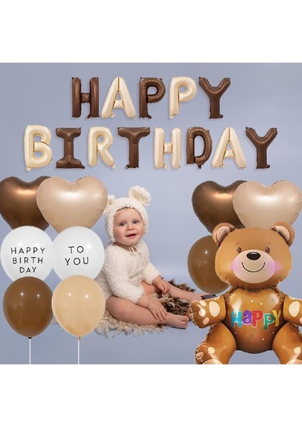Yaş Folyolu Retro Ayıcık Kahverengi Folyolu Balon Happy Birthday Afiş Dekorasyon Doğum Günü Parti Seti Süsü