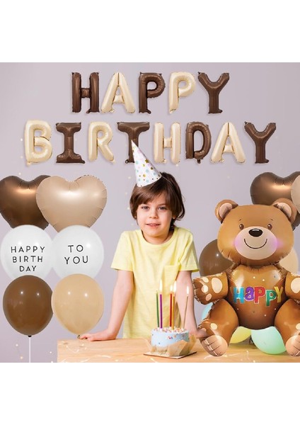 Yaş Folyolu Retro Ayıcık Kahverengi Folyolu Balon Happy Birthday Afiş Dekorasyon Doğum Günü Parti Seti Süsü