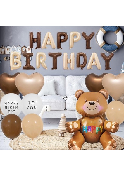 Yaş Folyolu Retro Ayıcık Kahverengi Folyolu Balon Happy Birthday Afiş Dekorasyon Doğum Günü Parti Seti Süsü
