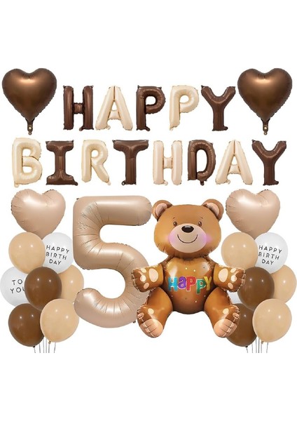 Yaş Folyolu Retro Ayıcık Kahverengi Folyolu Balon Happy Birthday Afiş Dekorasyon Doğum Günü Parti Seti Süsü