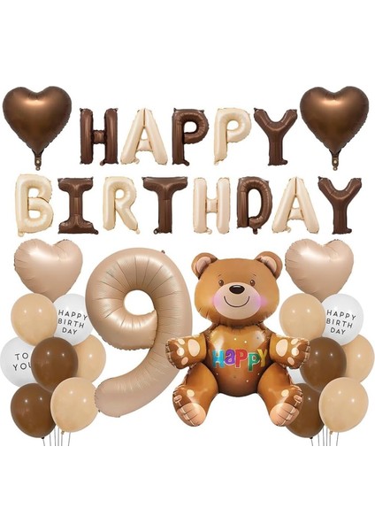 Yaş Folyolu Retro Ayıcık Kahverengi Folyolu Balon Happy Birthday Afiş Dekorasyon Doğum Günü Parti Seti Süsü