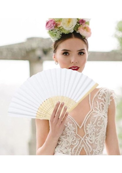 10 Adet Bambu -beyaz Yelpaze Karton