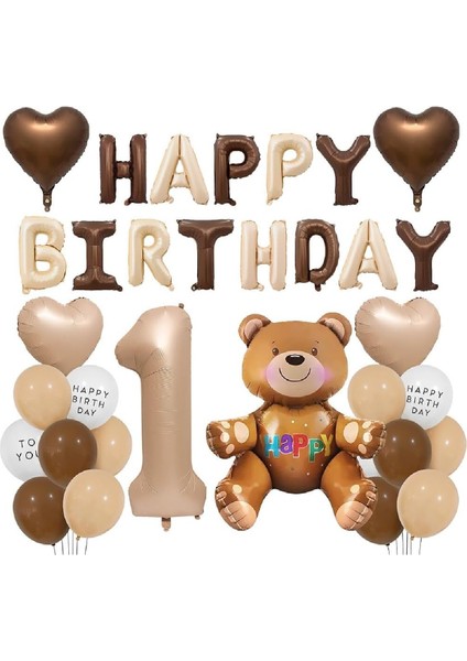 Yaş Folyolu Retro Ayıcık Kahverengi Folyolu Balon Happy Birthday Afiş Dekorasyon Doğum Günü Parti Seti Süsü