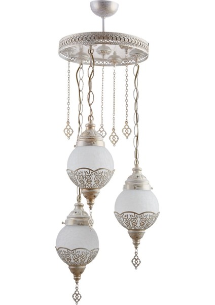 Dilan Osmanlı Otantik Krem Renk Beyaz Camlı Sarkıt Salon - Mutfak - Yatak Odası 3 Lü Avize