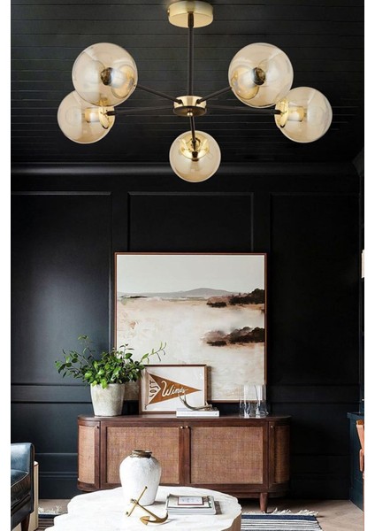 Nide 5li Siyah Gold Bal Camlı Modern Genç Odası Yatak Odası Retro Salon Avize